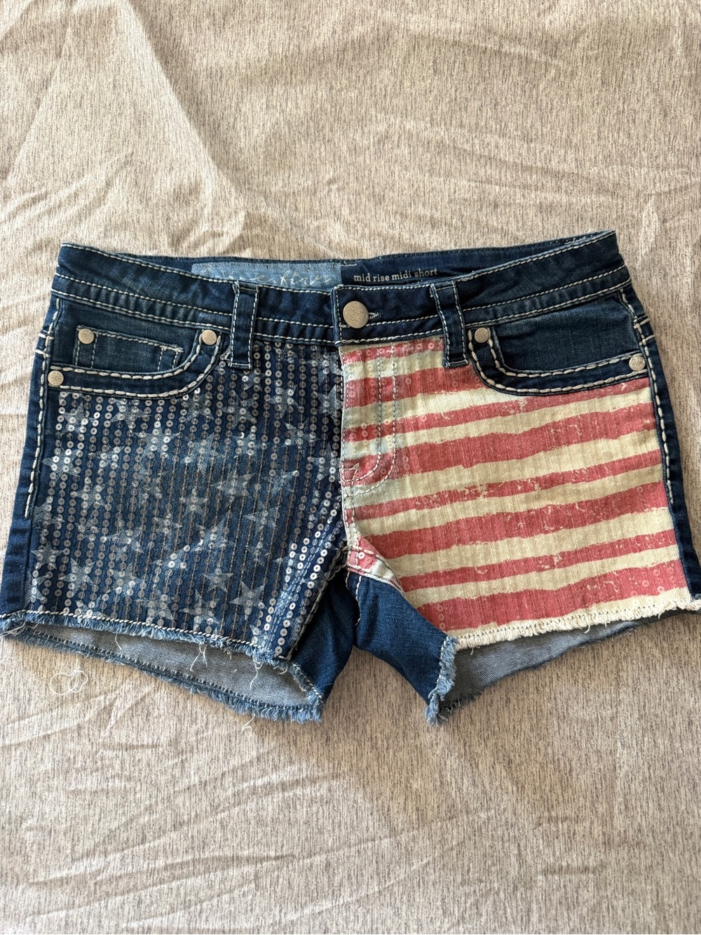 love, Fire Women's Denim Shorts with Blue Sequin Stars & Red Stripe Panel